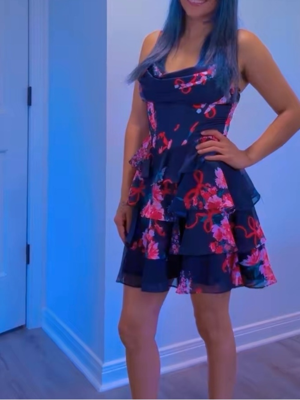 Girls Navy Floral Tiered Party Dress with Pink Accents